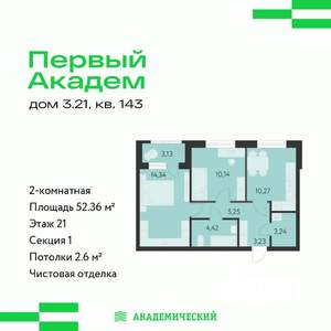 2-к квартира, вторичка, 52м2, 21/25 этаж