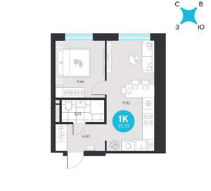 1-к квартира, вторичка, 35м2, 2/22 этаж