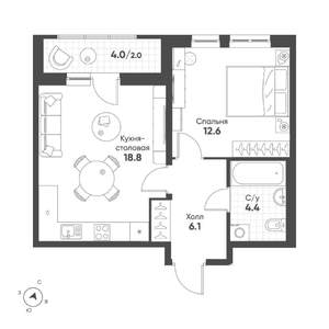 1-к квартира, вторичка, 44м2, 4/15 этаж