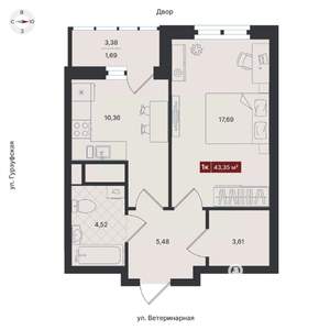 1-к квартира, вторичка, 43м2, 18/24 этаж