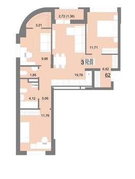 3-к квартира, вторичка, 76м2, 7/22 этаж