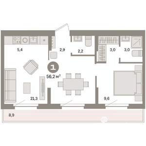 1-к квартира, вторичка, 56м2, 8/9 этаж