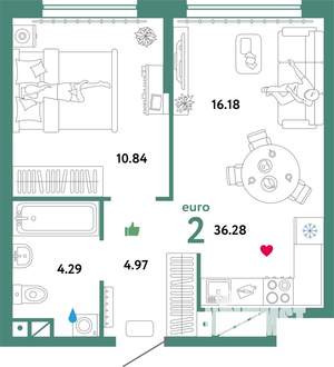 2-к квартира, строящийся дом, 36м2, 14/32 этаж