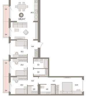 4-к квартира, вторичка, 136м2, 2/9 этаж