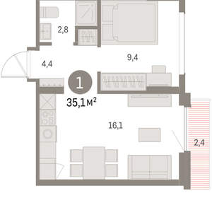 1-к квартира, вторичка, 35м2, 9/9 этаж