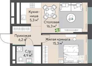1-к квартира, строящийся дом, 48м2, 21/27 этаж