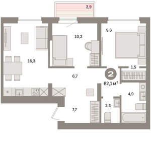 2-к квартира, вторичка, 62м2, 7/9 этаж