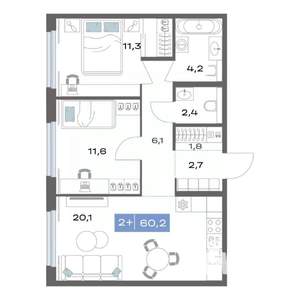 2-к квартира, строящийся дом, 60м2, 2/20 этаж