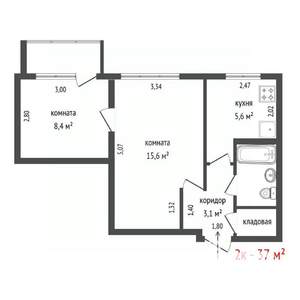 2-к квартира, вторичка, 37м2, 6/9 этаж