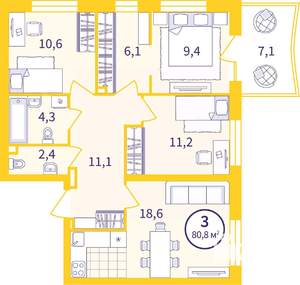 3-к квартира, вторичка, 75м2, 1/9 этаж