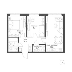 2-к квартира, строящийся дом, 57м2, 4/16 этаж