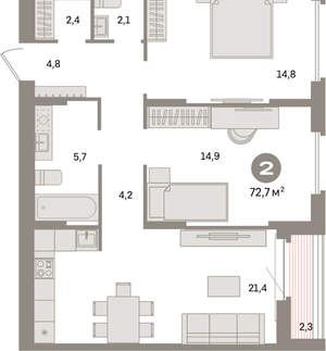 2-к квартира, вторичка, 73м2, 10/16 этаж