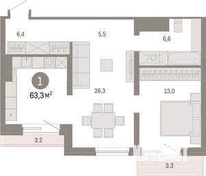 1-к квартира, вторичка, 63м2, 7/9 этаж