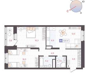 2-к квартира, вторичка, 73м2, 13/25 этаж