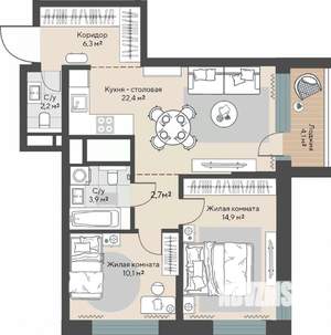 2-к квартира, вторичка, 65м2, 22/30 этаж