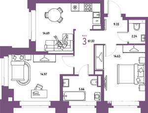 3-к квартира, вторичка, 62м2, 2/24 этаж