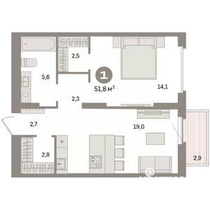 1-к квартира, вторичка, 52м2, 13/16 этаж