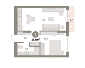 1-к квартира, вторичка, 46м2, 6/16 этаж