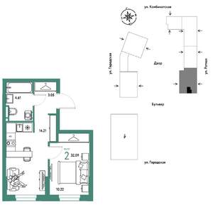 2-к квартира, строящийся дом, 32м2, 8/24 этаж