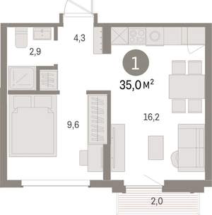1-к квартира, вторичка, 35м2, 9/9 этаж