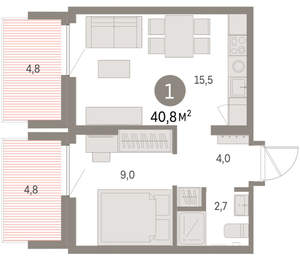 1-к квартира, вторичка, 41м2, 4/9 этаж