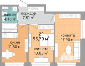 2-к квартира, строящийся дом, 56м2, 2/24 этаж