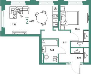 2-к квартира, строящийся дом, 45м2, 10/20 этаж