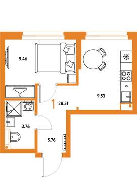 1-к квартира, строящийся дом, 29м2, 13/24 этаж