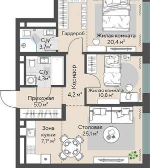 2-к квартира, вторичка, 74м2, 19/27 этаж