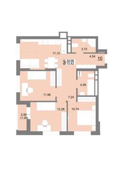3-к квартира, строящийся дом, 73м2, 3/22 этаж