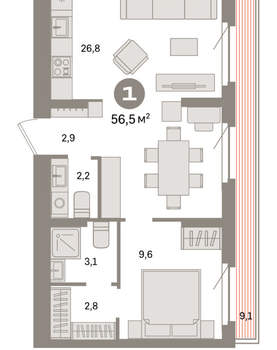 1-к квартира, вторичка, 57м2, 8/9 этаж
