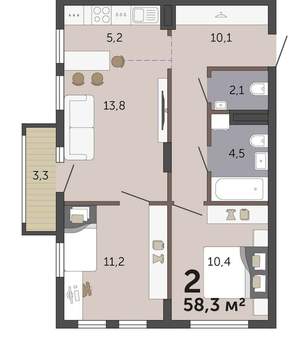 2-к квартира, вторичка, 58м2, 9/19 этаж