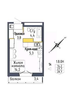 1-к квартира, строящийся дом, 29м2, 6/9 этаж