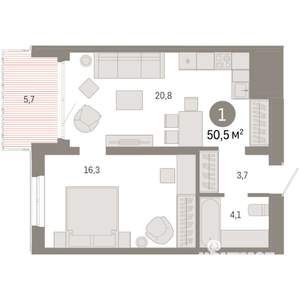1-к квартира, вторичка, 51м2, 13/17 этаж