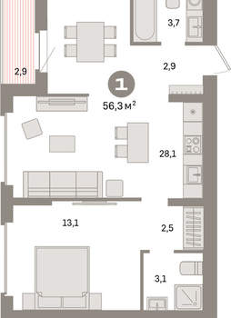 1-к квартира, вторичка, 56м2, 8/9 этаж
