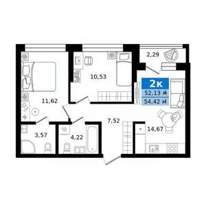 2-к квартира, строящийся дом, 54м2, 19/25 этаж