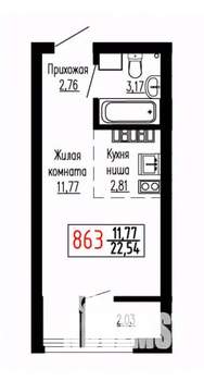 Студия квартира, строящийся дом, 23м2, 24/27 этаж