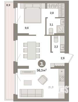 1-к квартира, вторичка, 56м2, 8/8 этаж