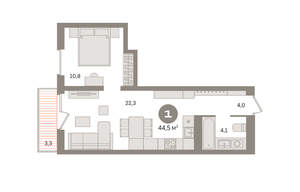 1-к квартира, вторичка, 44м2, 5/8 этаж
