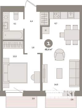 1-к квартира, вторичка, 48м2, 5/8 этаж