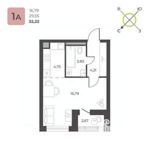 Студия квартира, строящийся дом, 32м2, 12/23 этаж