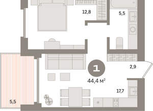 1-к квартира, вторичка, 44м2, 15/24 этаж