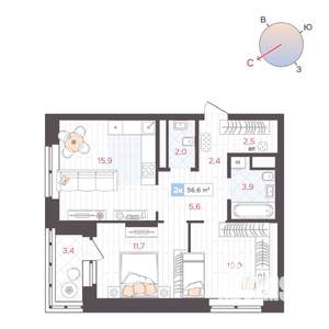 2-к квартира, строящийся дом, 57м2, 18/25 этаж