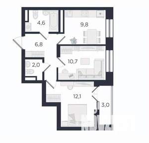 2-к квартира, сданный дом, 45м2, 6/6 этаж