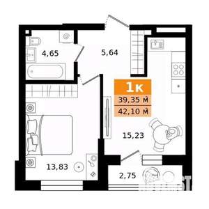 1-к квартира, строящийся дом, 42м2, 22/25 этаж