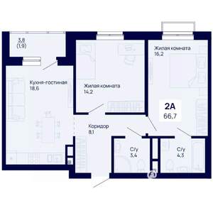 2-к квартира, вторичка, 67м2, 5/18 этаж