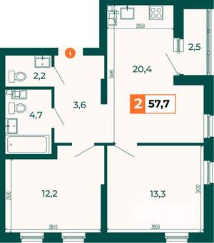 2-к квартира, строящийся дом, 58м2, 4/25 этаж