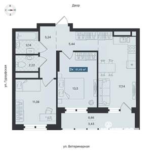 2-к квартира, строящийся дом, 61м2, 17/24 этаж