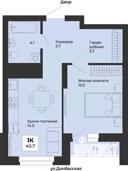 1-к квартира, строящийся дом, 41м2, 19/25 этаж