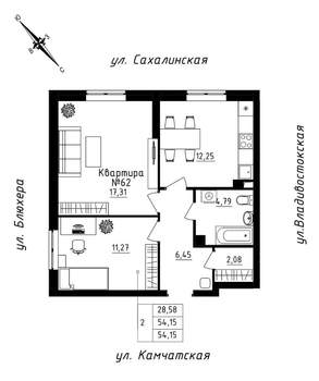 2-к квартира, строящийся дом, 54м2, 6/25 этаж